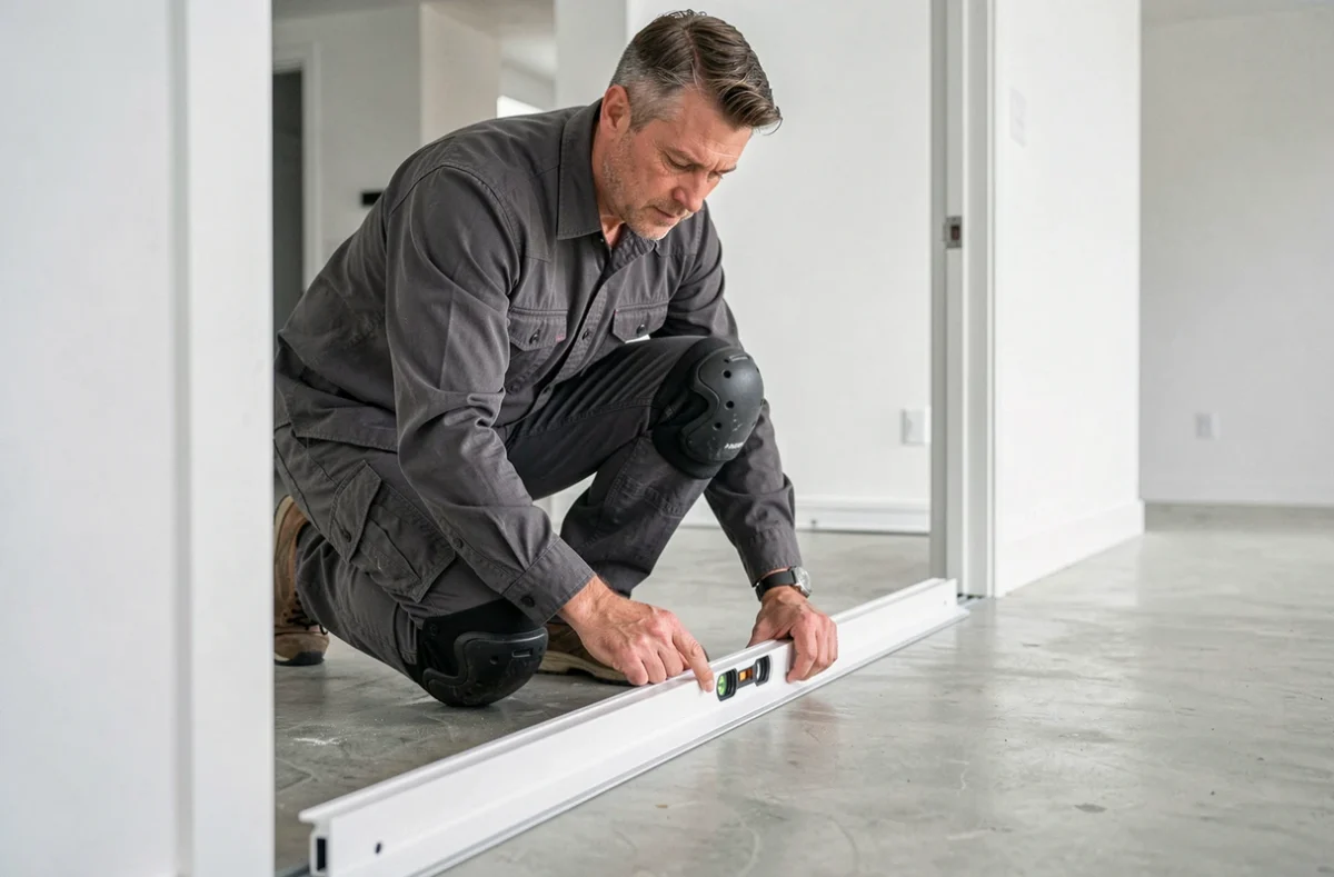 Menuisier AVMS alignant un seuil de porte PVC sur mesure dans un appartement moderne