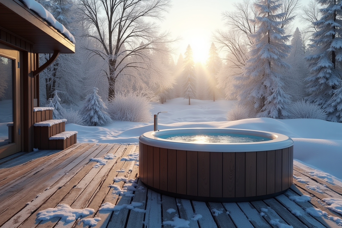 Bain extérieur moderne sur terrasse en bois avec givre matinal