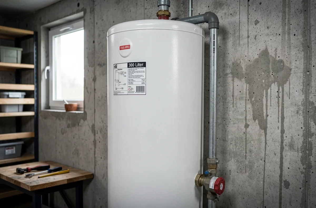 Ballon de stockage de 300 litres pour chauffe-eau solaire installé dans une chaufferie
