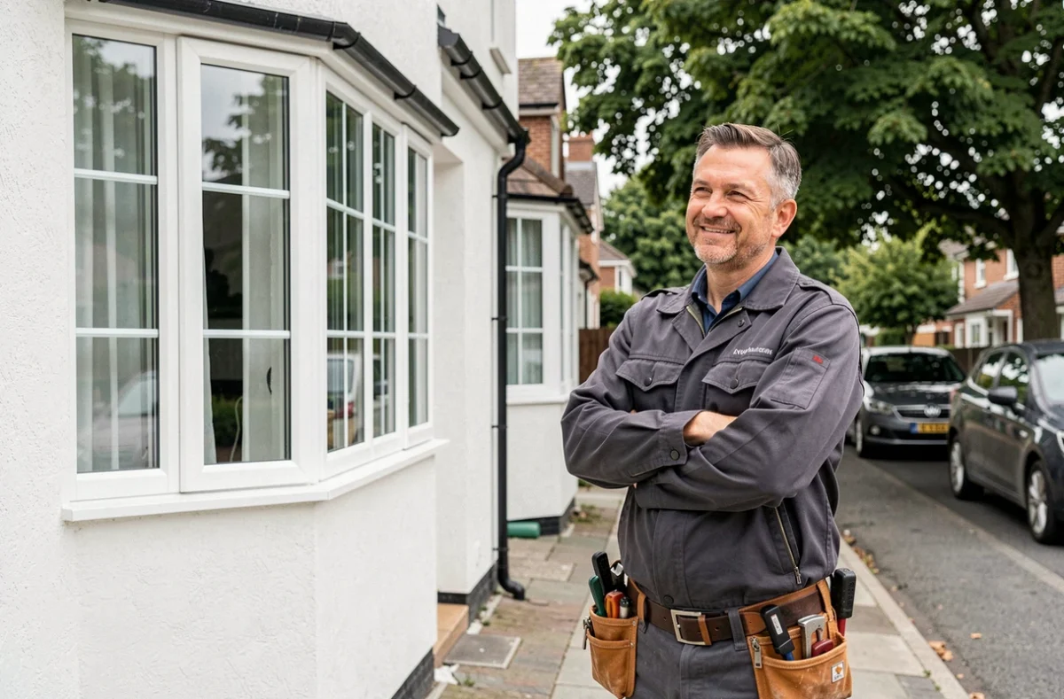 Expert de Bati Inov Concept devant une maison rénovée avec nouvelles fenêtres PVC et façade ravalée en Essonne