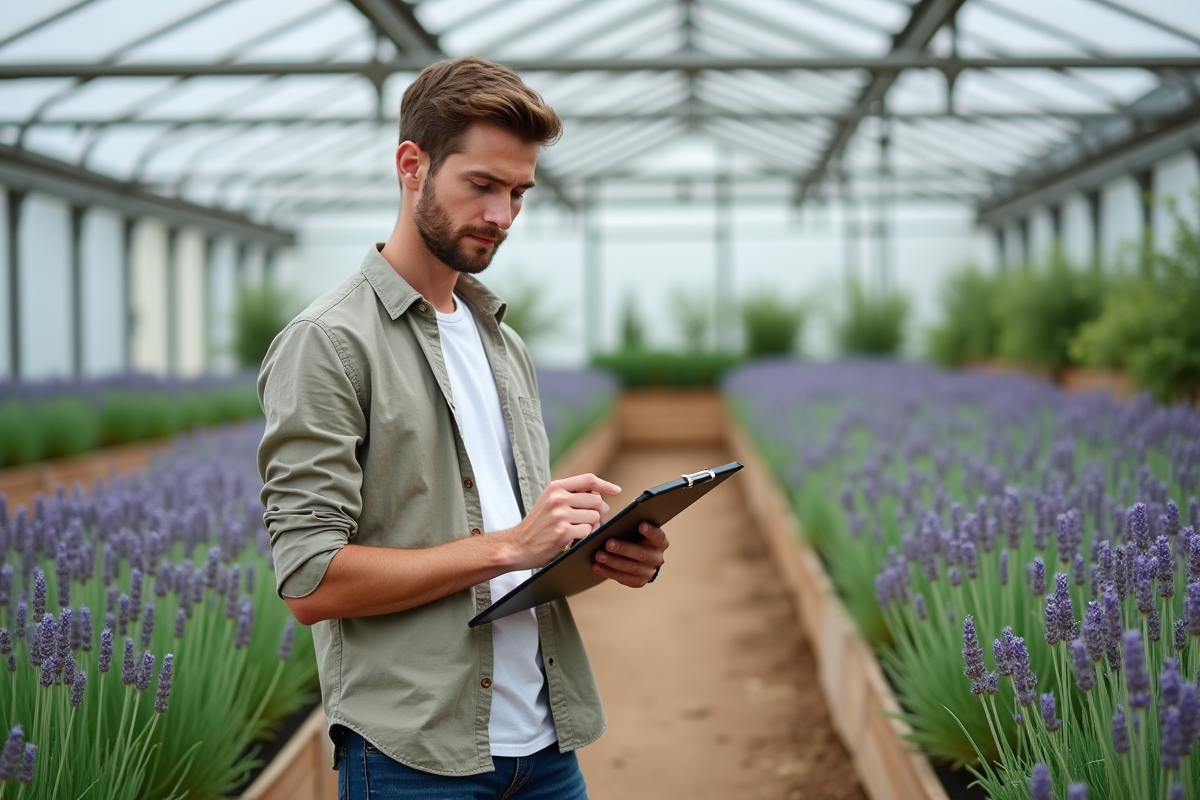 Jeune botaniste dans une serre avec lavande en potager