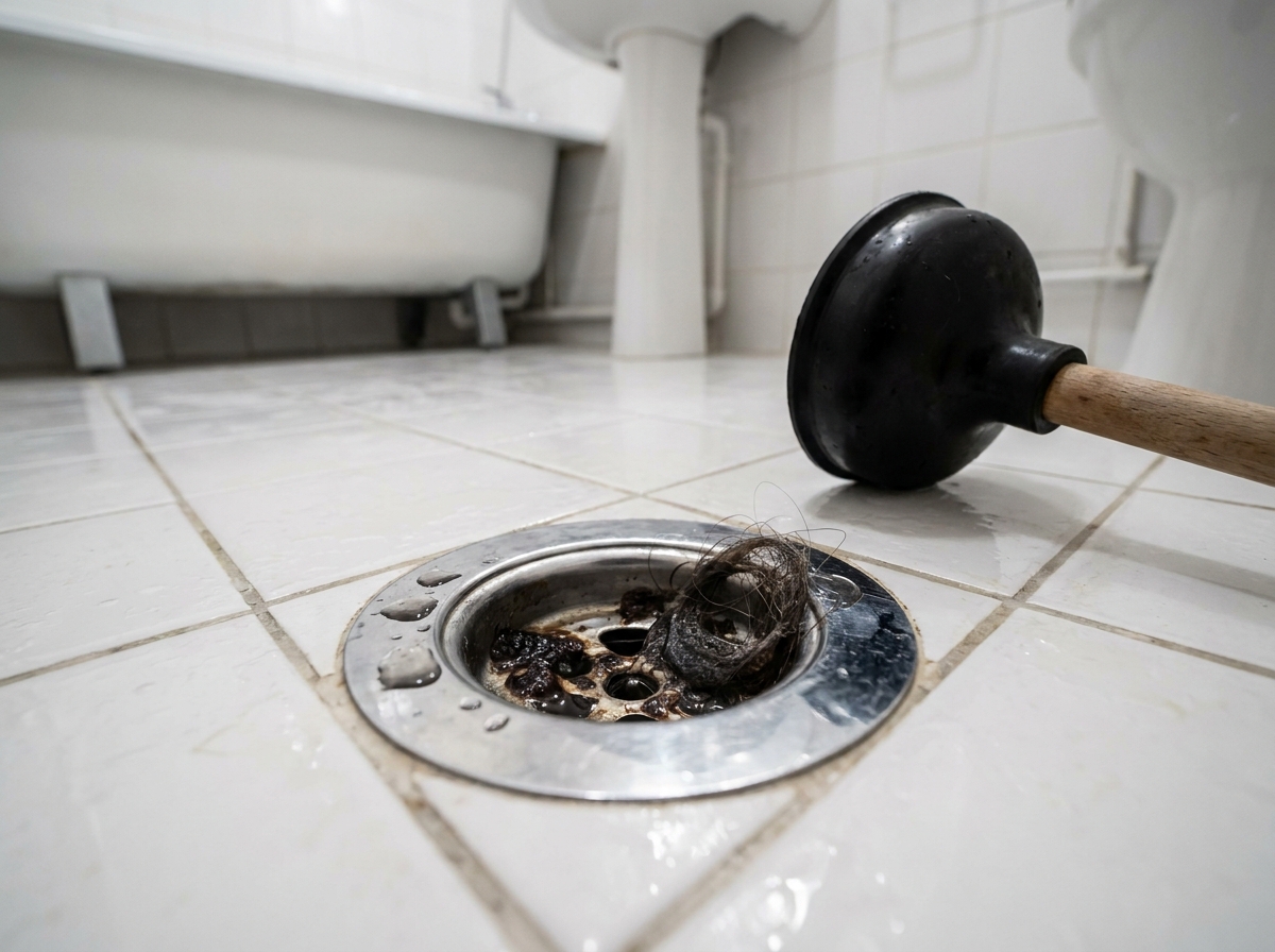 Bouchon visible dans un siphon de douche avec un débouchoir posé sur le carrelage