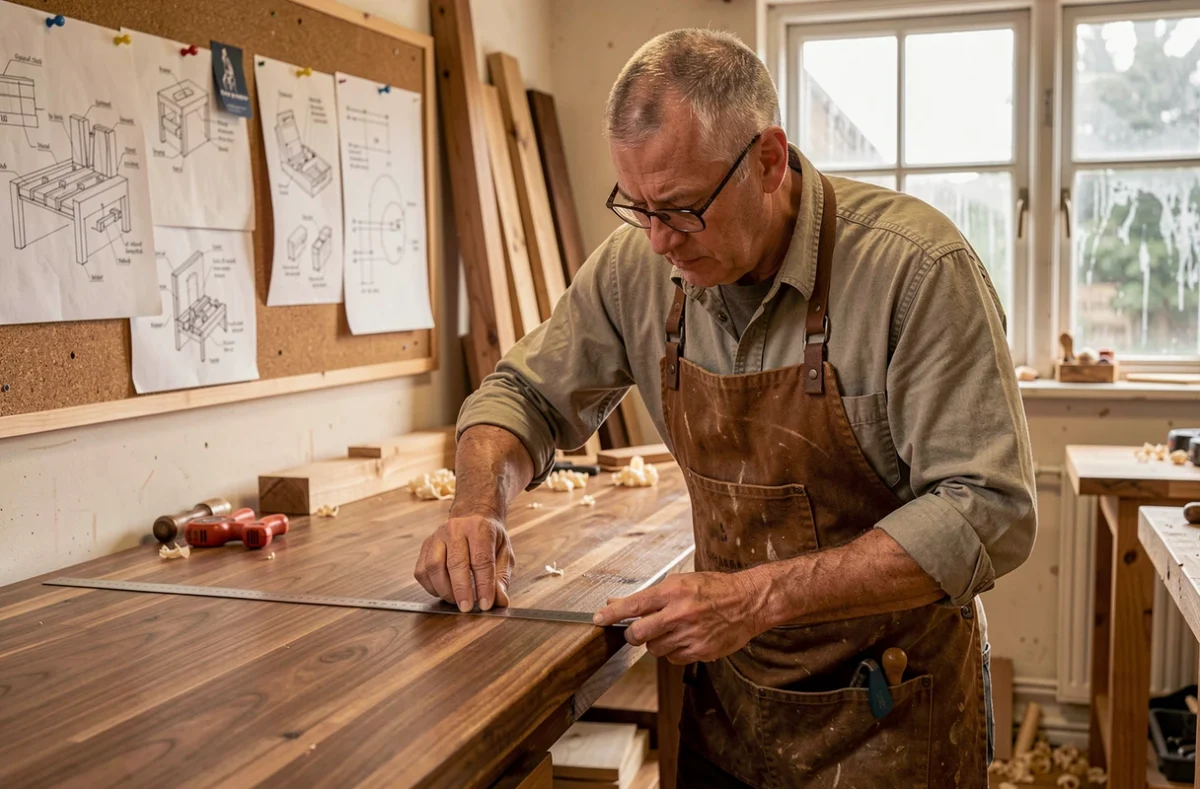 Francis Bourque mesurant un plan de travail en noyer sur mesure dans son atelier de cuisine artisanal