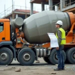 Camion toupie de béton prêt-à-l'emploi sur un chantier de construction avec un chef de chantier consultant un bon de livraison