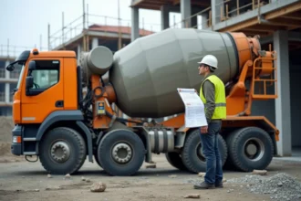 Camion toupie de béton prêt-à-l'emploi sur un chantier de construction avec un chef de chantier consultant un bon de livraison