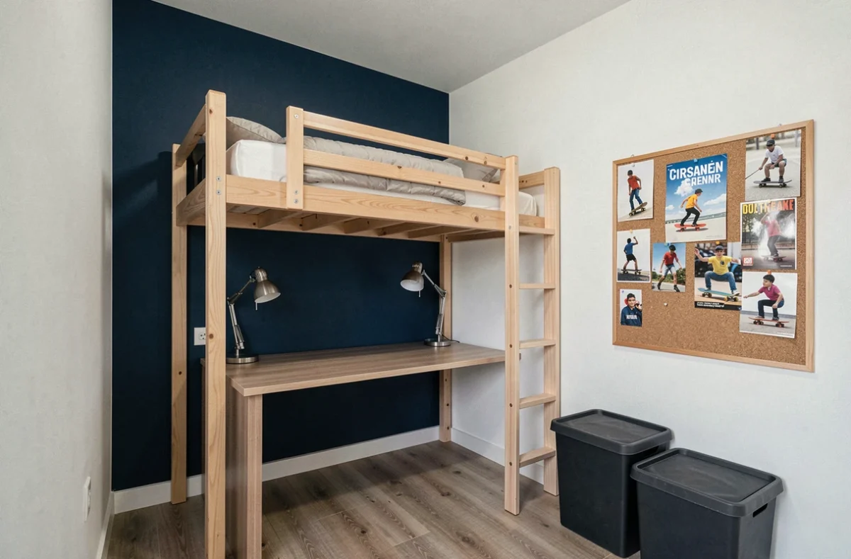 Chambre garçon ado avec mur accent bleu marine et lit mezzanine pour optimiser une petite pièce