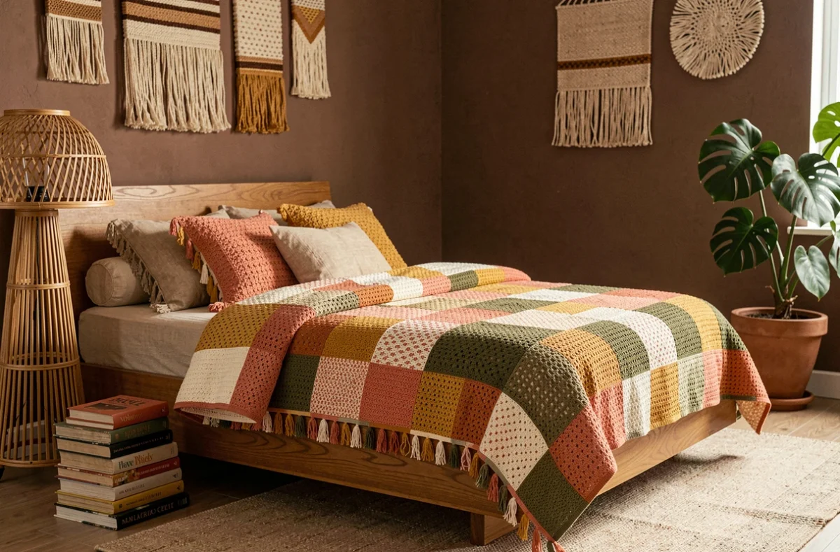 Chambre à coucher bohème style années 70 avec lit plateforme en teck, couvertures crochetées colorées et plante monstera en pot terracotta