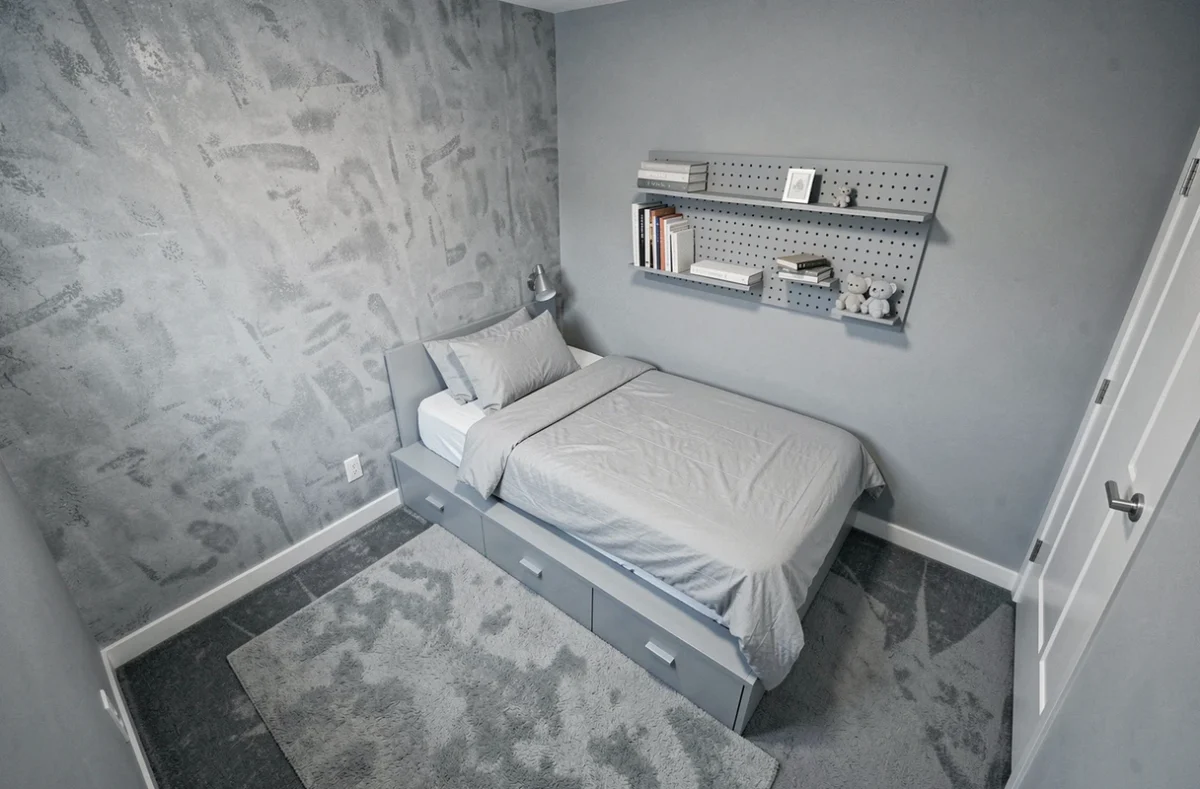 Chambre garçon ado monochromatique gris clair avec rangements intégrés pour maximiser l'espace