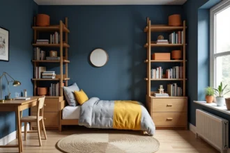Chambre garçon avec murs bleu marine et étagères en bois chêne pour un rangement structuré et coloré