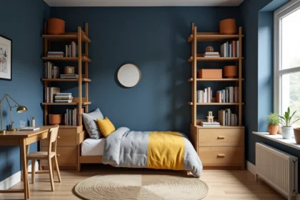 Chambre garçon avec murs bleu marine et étagères en bois chêne pour un rangement structuré et coloré