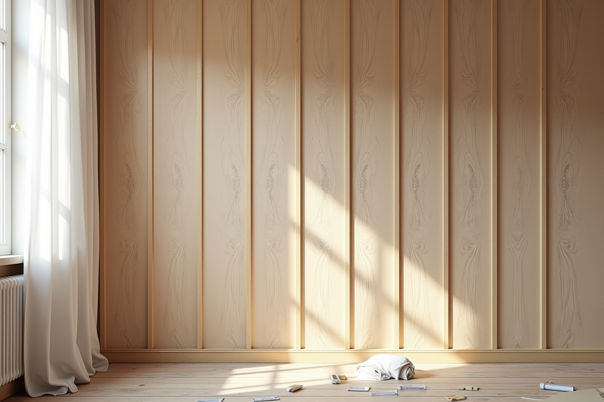 Chambre moderne en rénovation avec papier peint géométrique