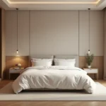 Chambre parentale spacieuse avec grand lit double, tables de nuit et parquet en chêne clair dans un appartement moderne