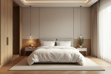 Chambre parentale spacieuse avec grand lit double, tables de nuit et parquet en chêne clair dans un appartement moderne