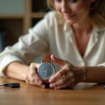 Femme examinant une montre analogique avec une pile de remplacement sur un bureau en bois, comparaison entre réparation et achat neuf