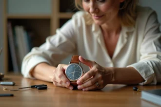 Femme examinant une montre analogique avec une pile de remplacement sur un bureau en bois, comparaison entre réparation et achat neuf