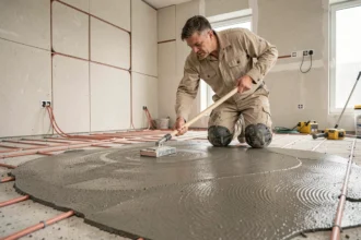 Ouvrier étalant une chape autonivelante sur un plancher chauffant avec tube PEX visible lors d'une rénovation intérieure