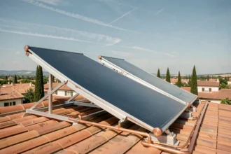 Installation de chauffe-eau solaire avec capteurs thermiques sur un toit en tuiles en France