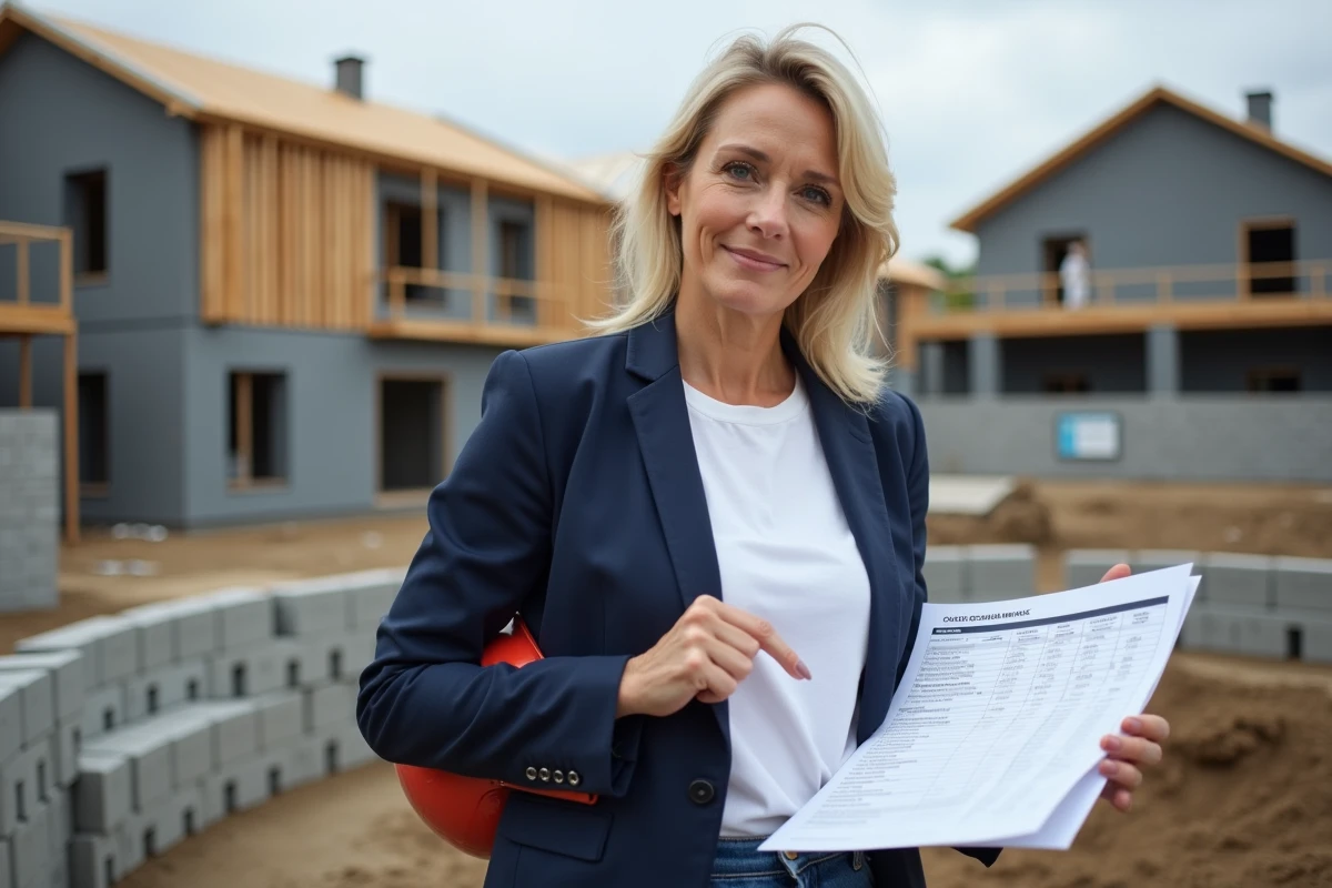 Cheffe de projet sur un chantier de construction vérifiant un devis détaillé de coûts au m2