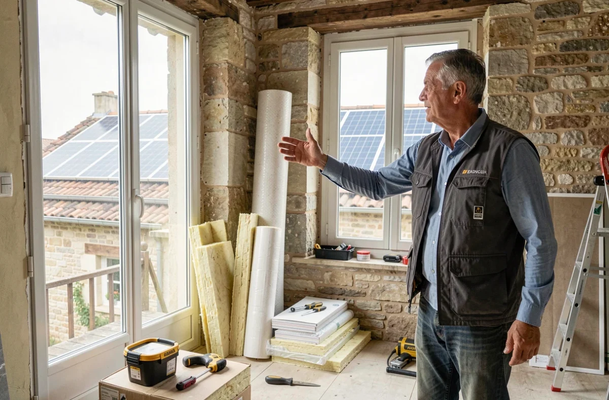 Consultant de Clef Energies présentant un projet de rénovation globale avec panneaux solaires dans une maison traditionnelle française