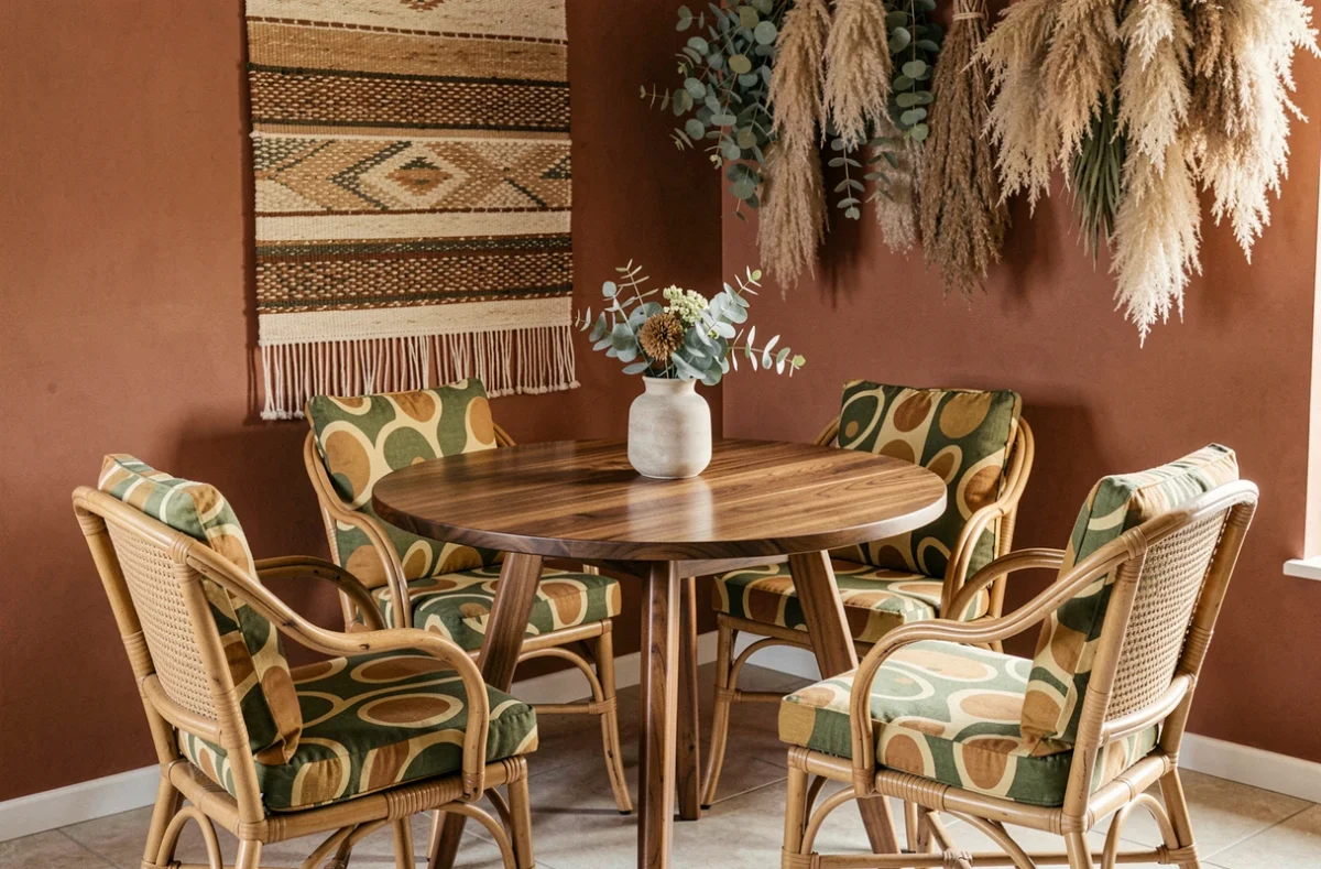 Coin repas bohème années 70 avec table en noyer, chaises en rotin et tapisserie murale en fibres naturelles