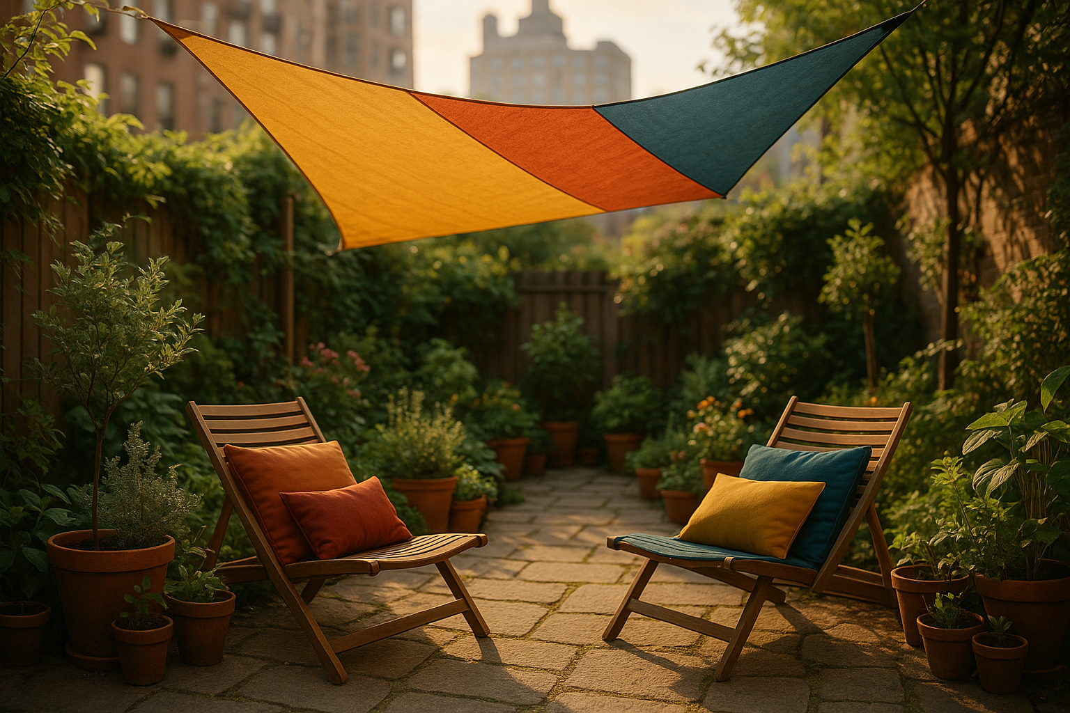 Coin cosy dans un petit jardin urbain avec voile colorée et fauteuils confortables