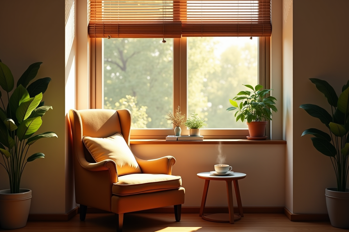 Coin lecture cosy avec fauteuil et plantes vertes