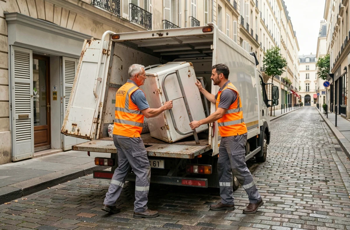 Agents de collecte municipale chargeant des encombrants volumineux dans un camion de la ville de Paris