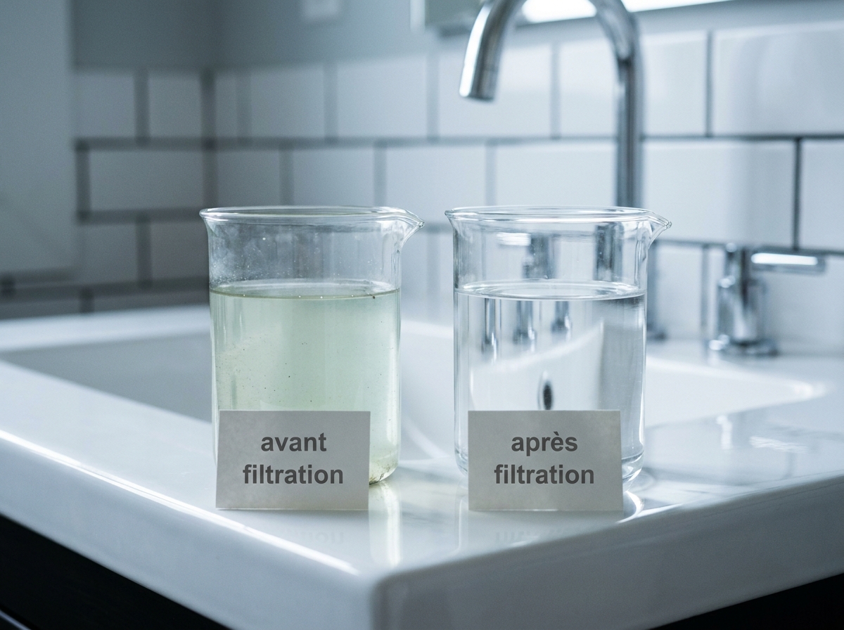 Comparaison visuelle entre eau de spa trouble avant filtration et eau claire après filtration dans deux verres