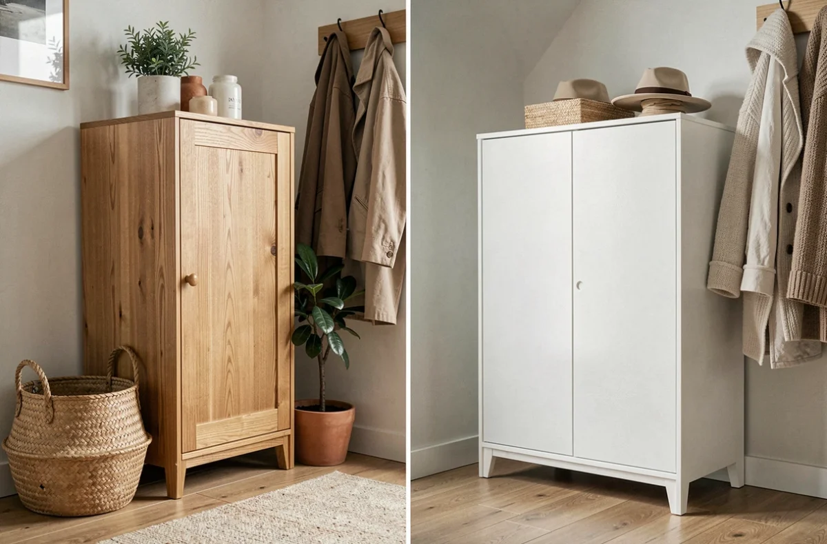 Comparaison meuble à chaussures Nano en chêne et en blanc laqué dans une entrée décorée