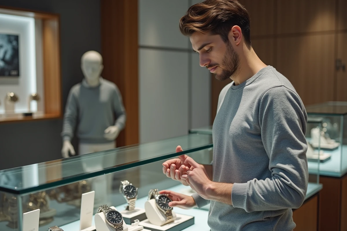 Homme comparant une ancienne montre usagée et une nouvelle montre dans une boutique horlogerie pour décider entre réparation et achat