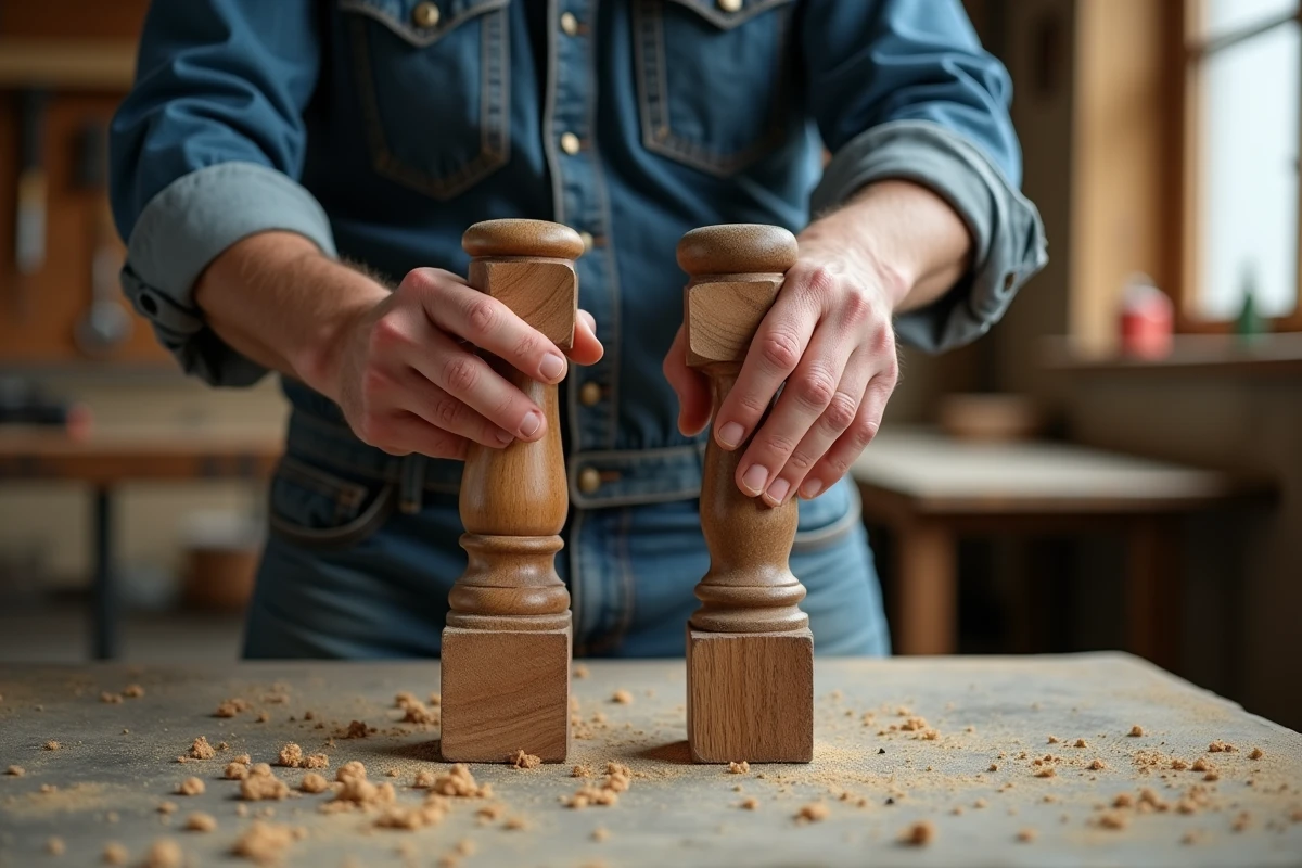 Gros plan sur deux pieds de chaise en bois comparant la patine d'un meuble vintage authentique et d'un meuble à effet vieilli artificiel dans un atelier de restauration
