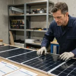 Technicien comparant trois types de panneaux solaires dans un atelier professionnel