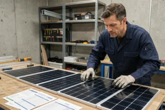 Technicien comparant trois types de panneaux solaires dans un atelier professionnel