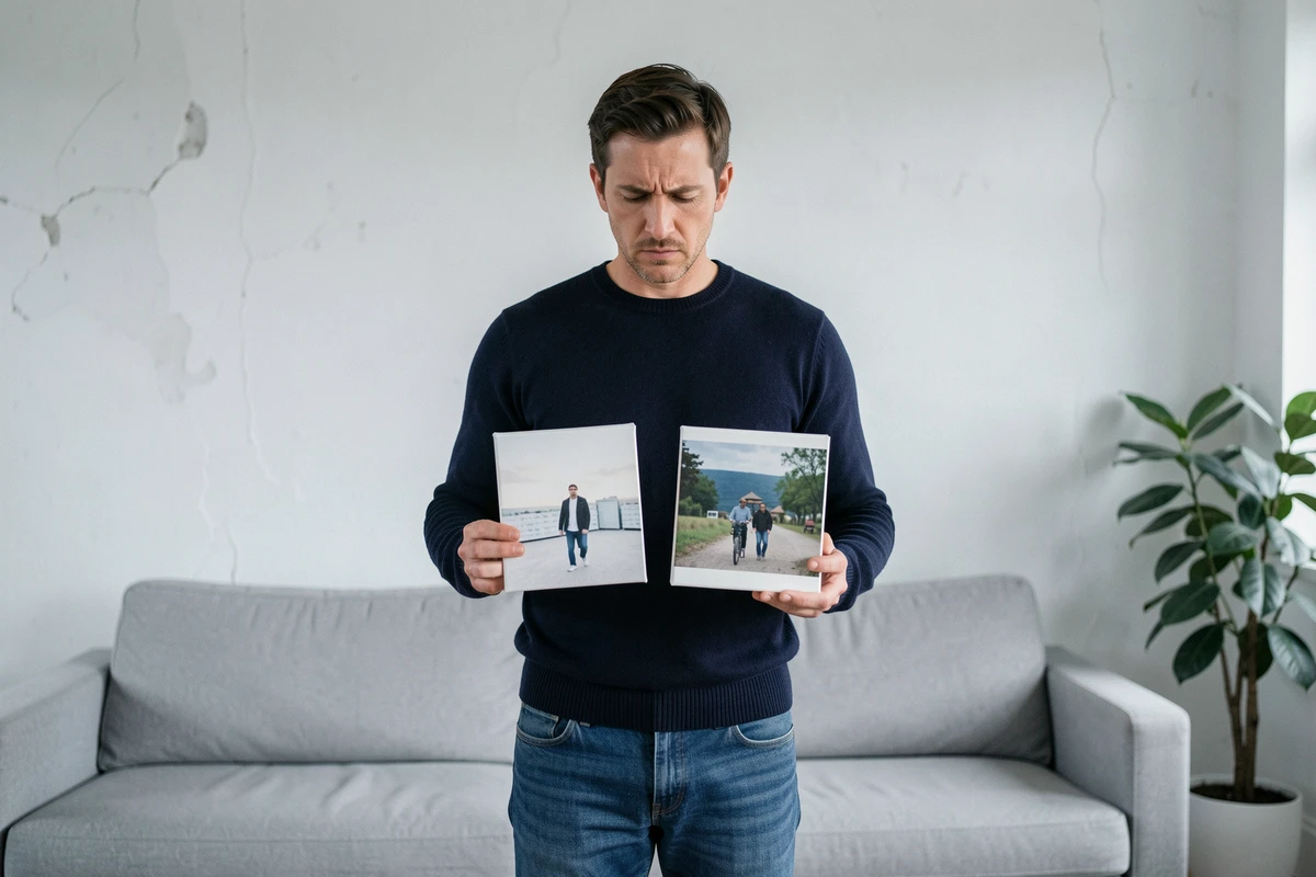 Homme comparant deux toiles artistiques achetées en ligne dans un appartement moderne, évaluant le rapport qualité-prix avant achat