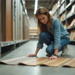 Femme comparant des rouleaux de linoléum pas cher dans un magasin de bricolage