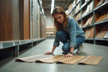 Femme comparant des rouleaux de linoléum pas cher dans un magasin de bricolage