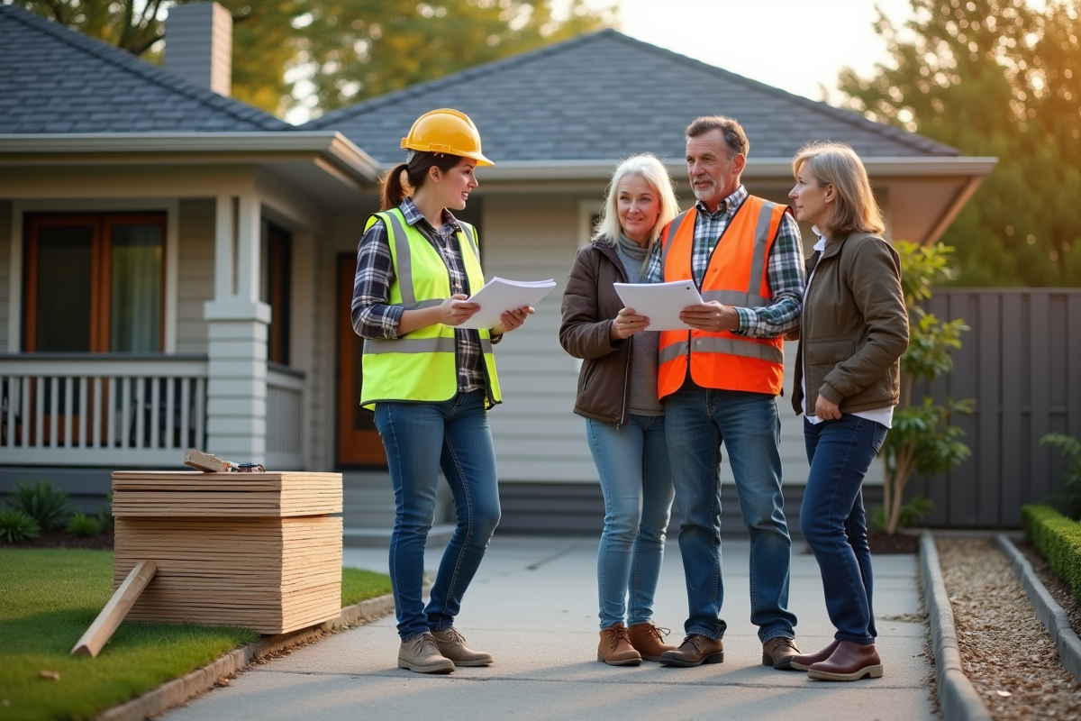 Jeune femme expliquant la renovation de toit à un couple