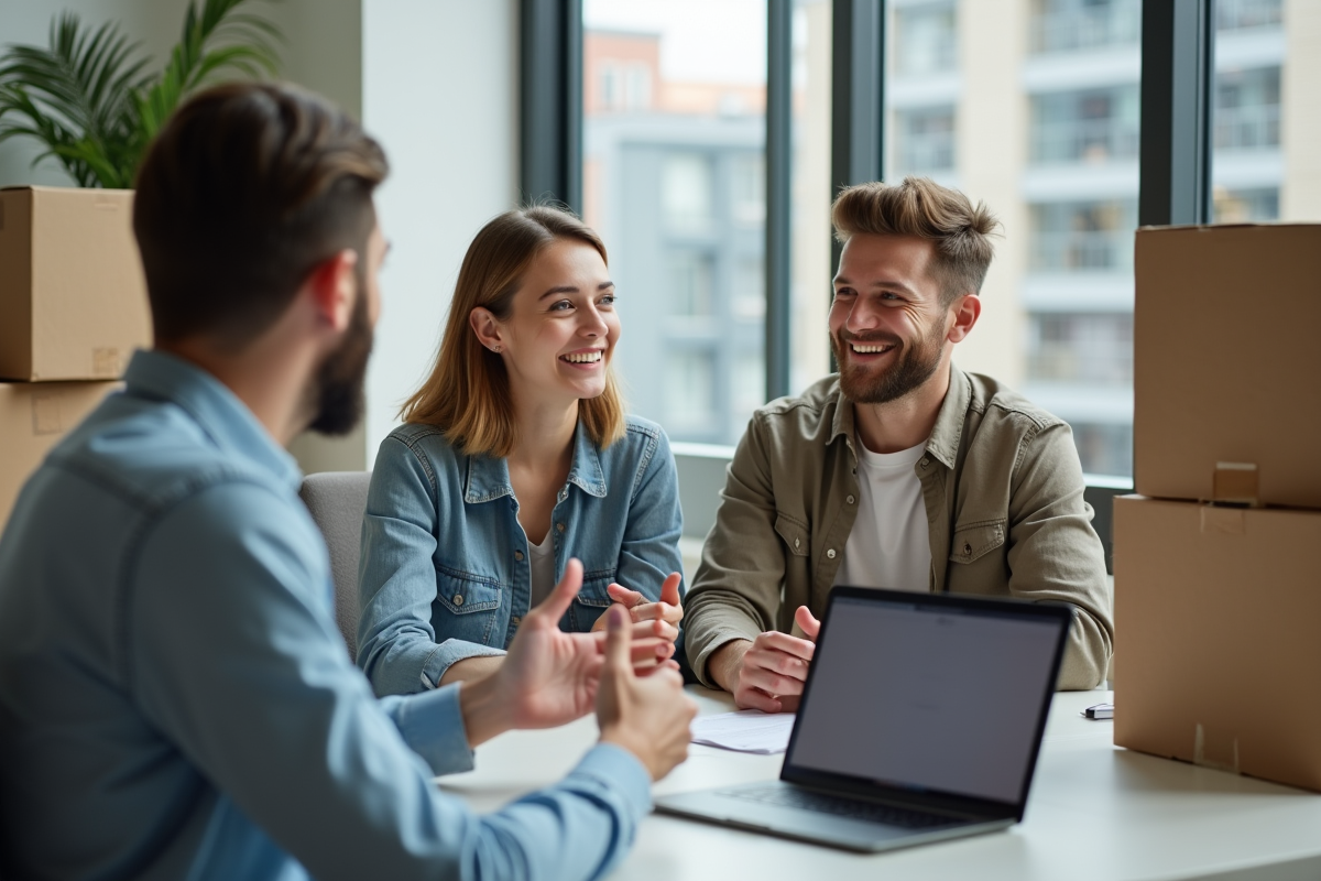 Couple discutant avec un conseiller en déménagement dans un bureau