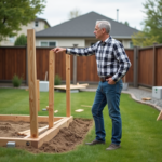 Homme pointant vers le chantier dans un jardin suburbain