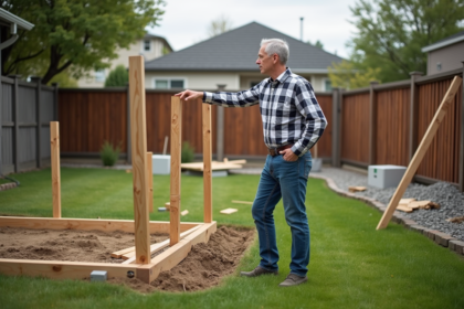 Homme pointant vers le chantier dans un jardin suburbain
