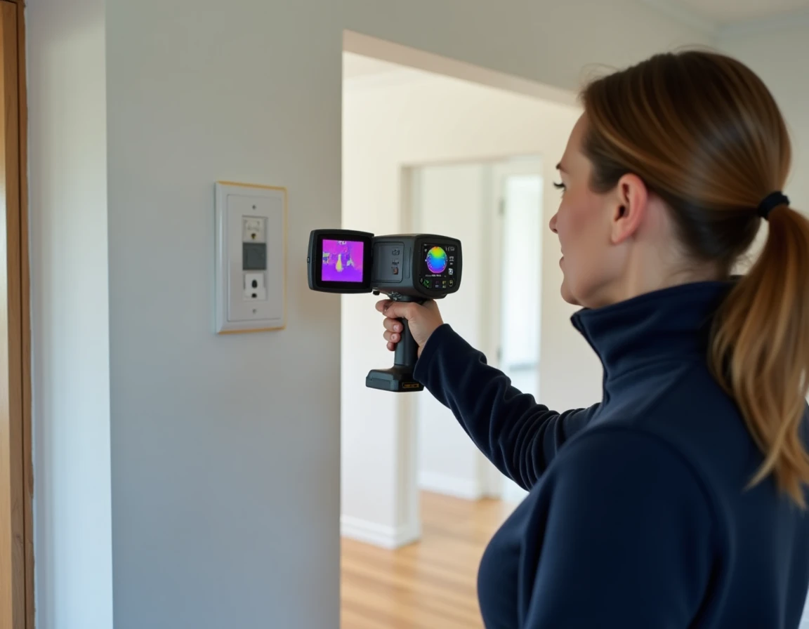 Consultante en rénovation énergétique utilisant une caméra thermique pour détecter les ponts thermiques autour des prises électriques dans un mur isolé