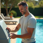Homme d'âge moyen ajustant le panneau de chauffage de piscine