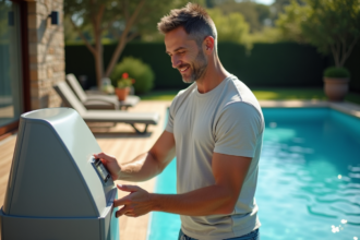Homme d'âge moyen ajustant le panneau de chauffage de piscine