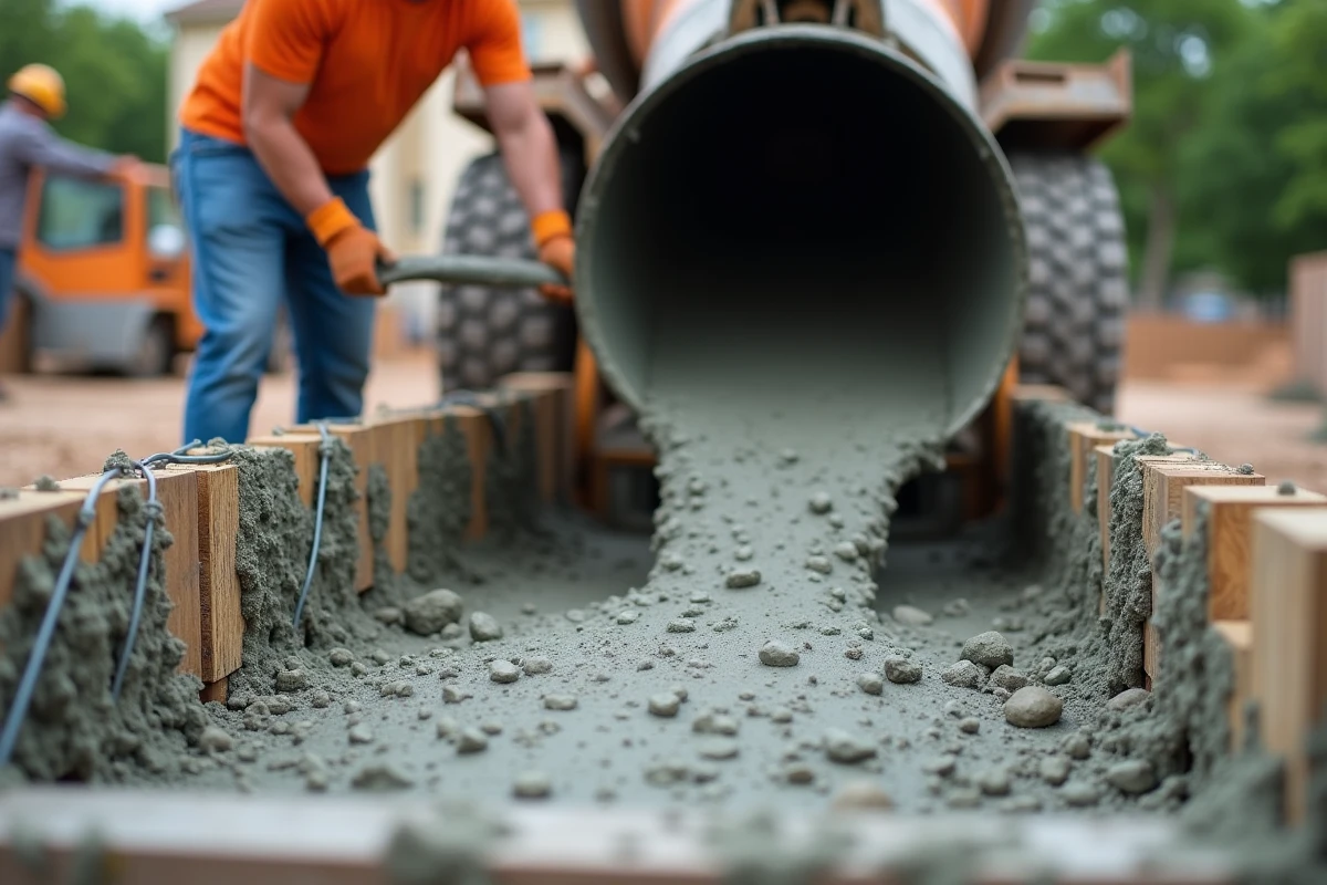 Coulée de béton depuis la goulotte d'une toupie dans un coffrage en bois sur un chantier résidentiel