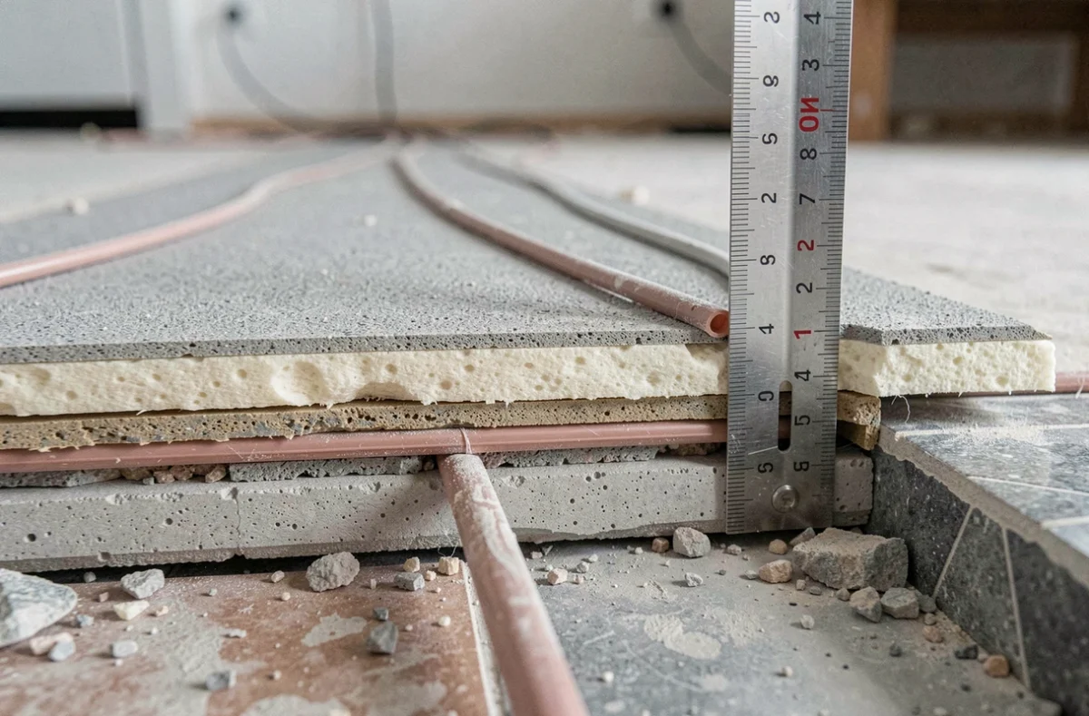Coupe transversale d'une chape mince sur plancher chauffant montrant les couches isolation et tube PEX avec règle de mesure