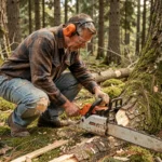 Un homme en équipement de sécurité découpe un tronc d'arbre tombé en forêt avec une tronçonneuse
