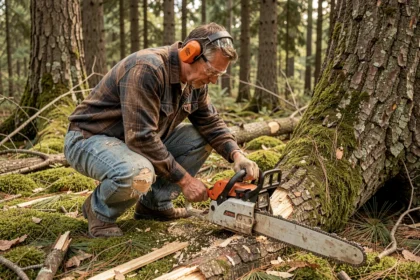 Un homme en équipement de sécurité découpe un tronc d'arbre tombé en forêt avec une tronçonneuse