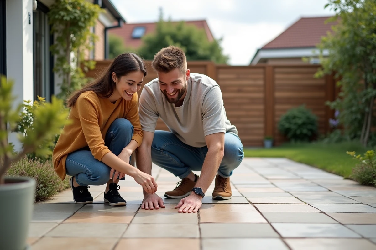 Jeune couple examinant le carrelage extérieur
