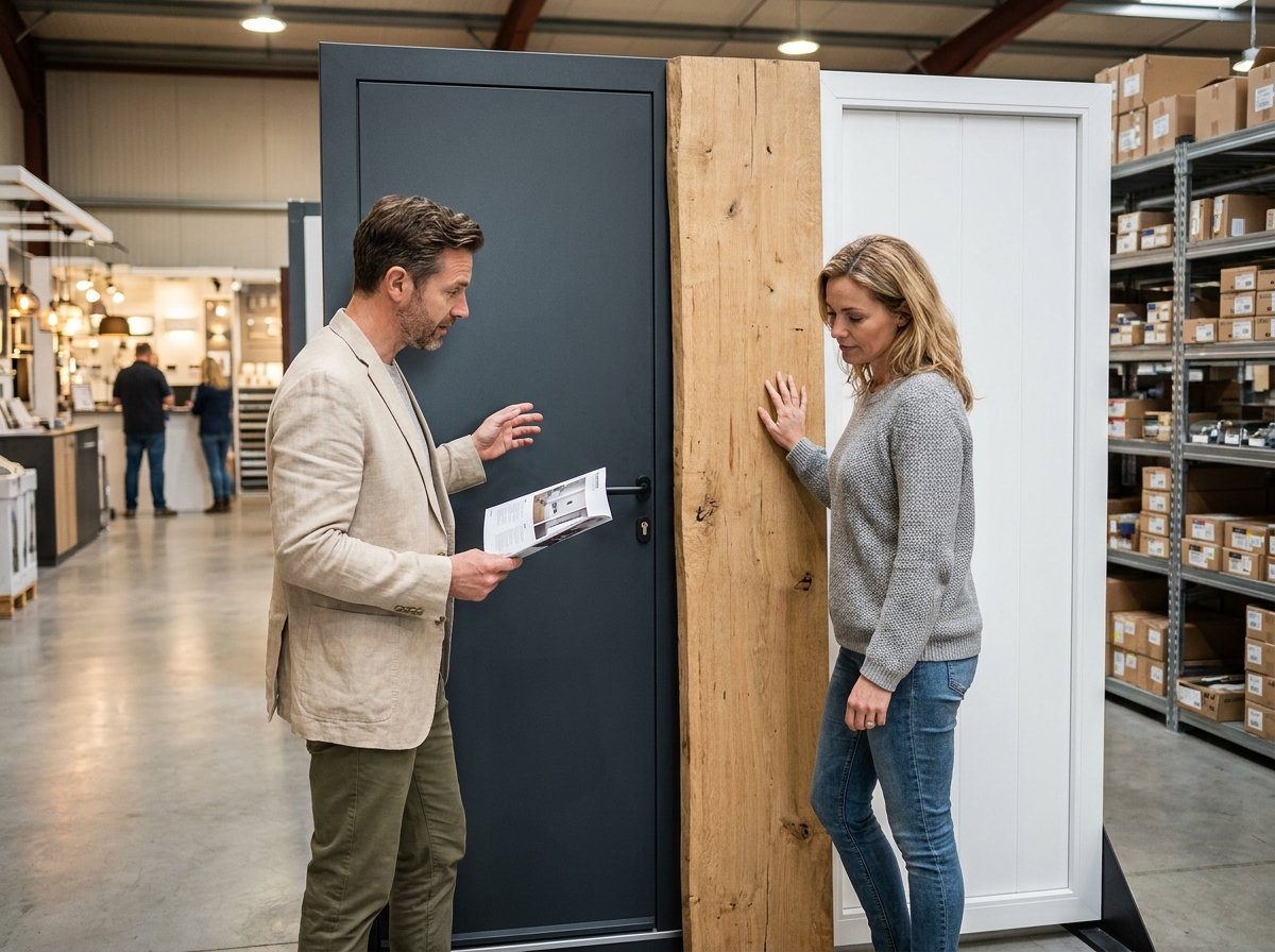 Couple comparant des échantillons de portes d'entrée aux finitions différentes dans un showroom de menuiserie