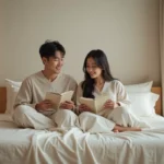 Jeune couple lisant sur un matelas latex japonais dans une chambre minimaliste